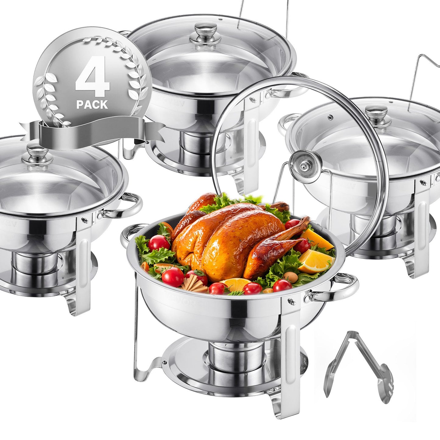 5 Qt Round Chafing Dish Buffet Set - 4 Pack Stainless Steel