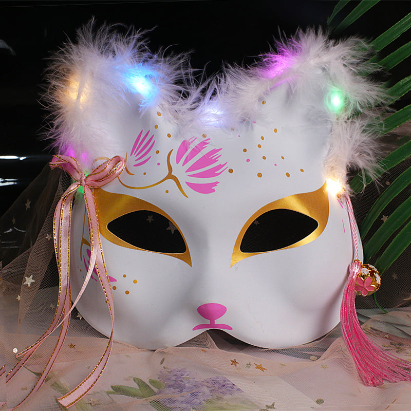 Halloween Party Luminous Feather Fox Mask Two-Faced Cat Face Mask