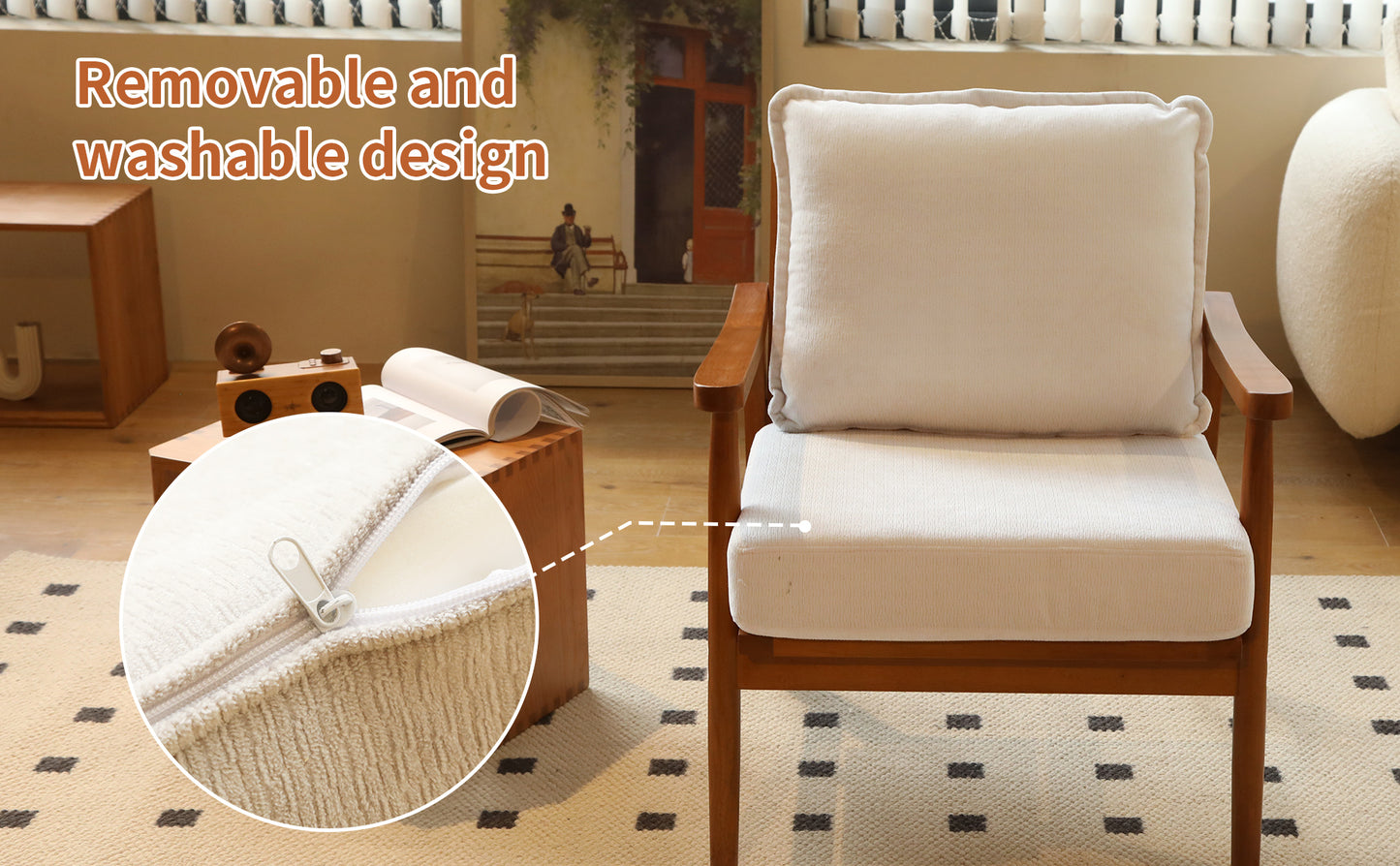 Accent Chair with Solid Wood Frame - White Fabric Cushion