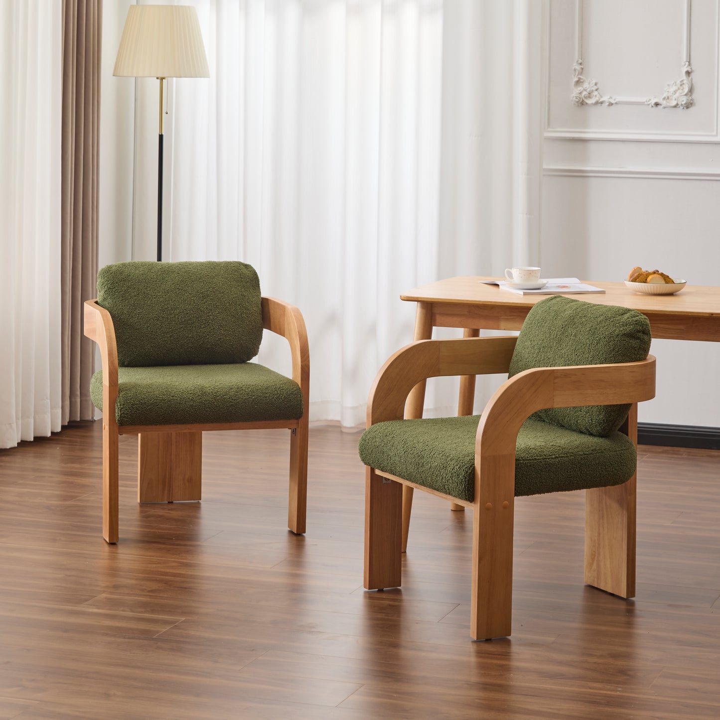 2-Pack Dining Chairs with Pillow Back - Green Boucle Fabric