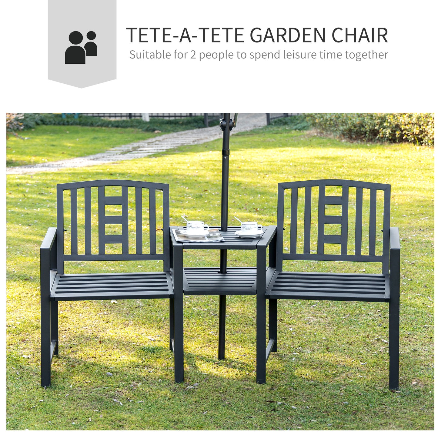 Metal Garden Bench with Table & Umbrella Hole - Black