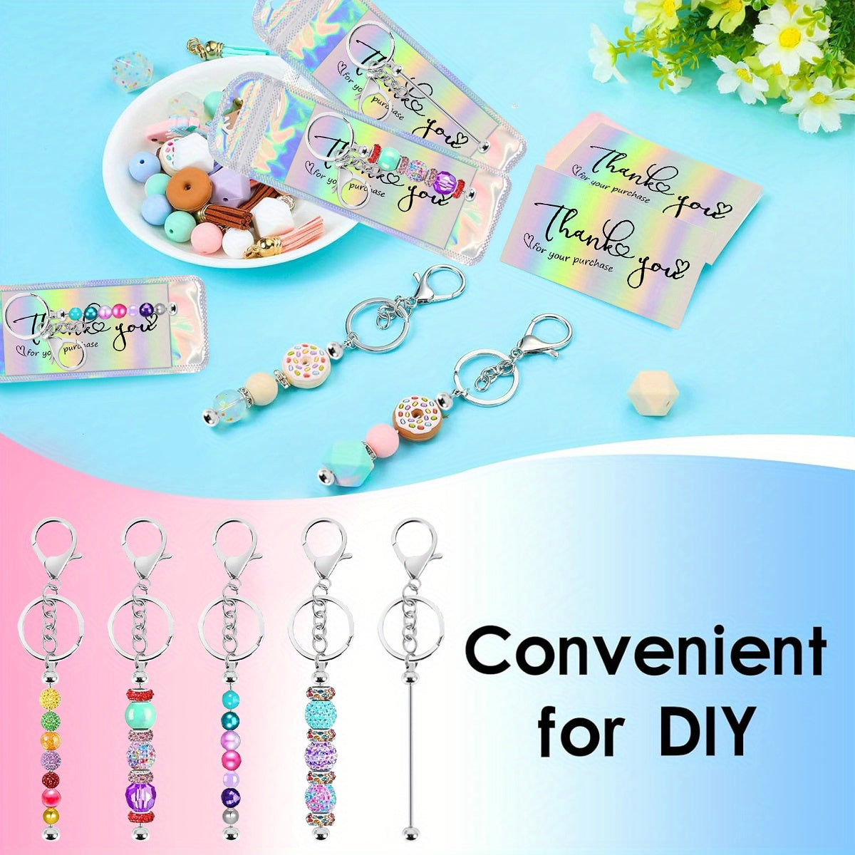 DIY Beaded Keychain Set - 60 Pieces with Thank You Cards