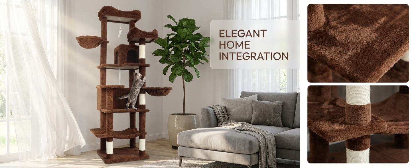 Tall Multi-Level Cat Tree with Hammocks & Scratching Posts - Brown 68in