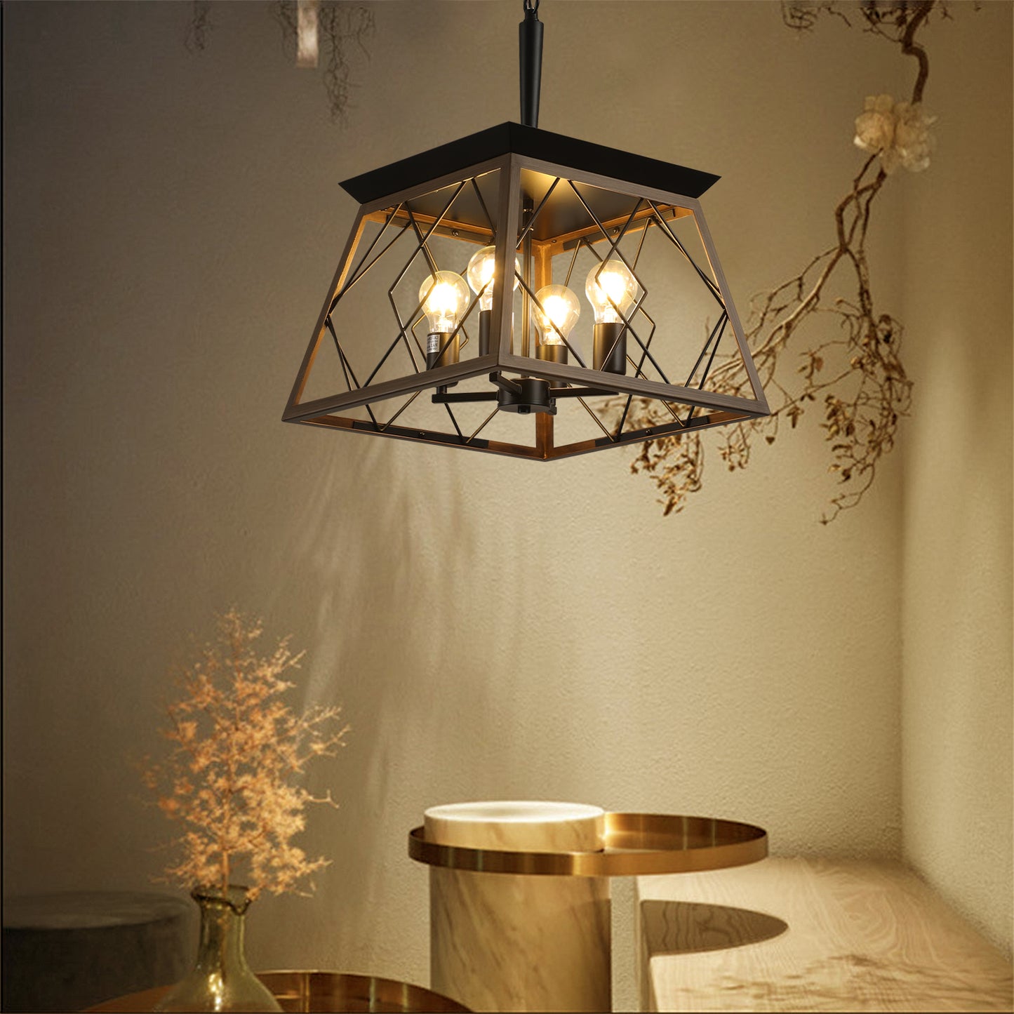 16-Inch Walnut Industrial 4-Light Pendant Chandelier - Adjustable Modern Design