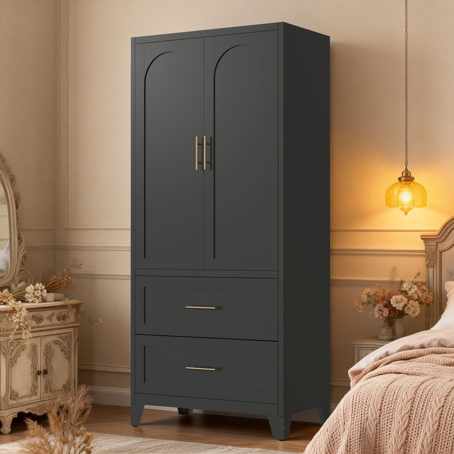 71" Tall Metal Wardrobe Cabinet with 2 Drawers & Shelf - Black