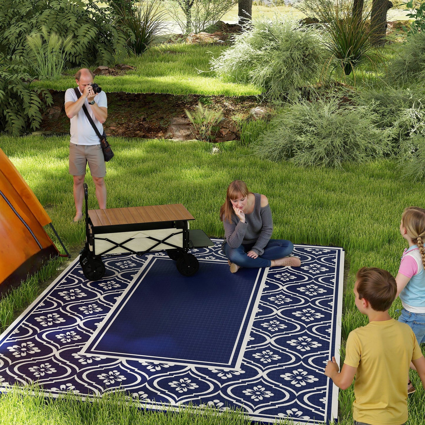 Reversible Waterproof Outdoor Rug with Carry Bag - Blue White Gourd Border 9' x 12'