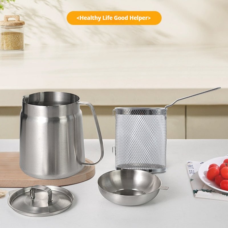 Large Capacity Stainless Steel Oil Strainer Jug with Detachable Basket for Kitchen