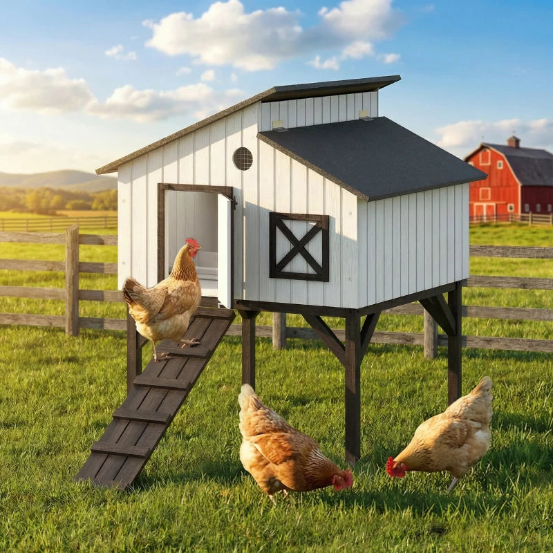 Elevated Chicken Coop with Nesting Box and Ramp - Weatherproof Bird House