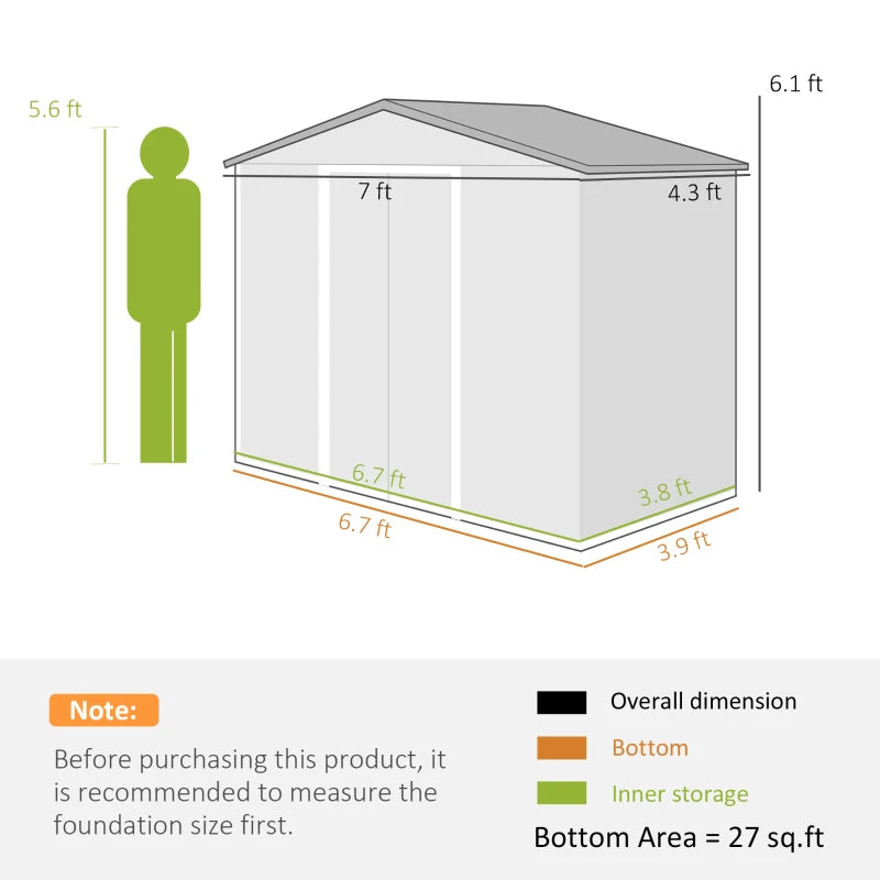 Outdoor Metal Storage Shed 7x4 ft with Foundation Kit, Lockable Doors, Ventilation, Gray