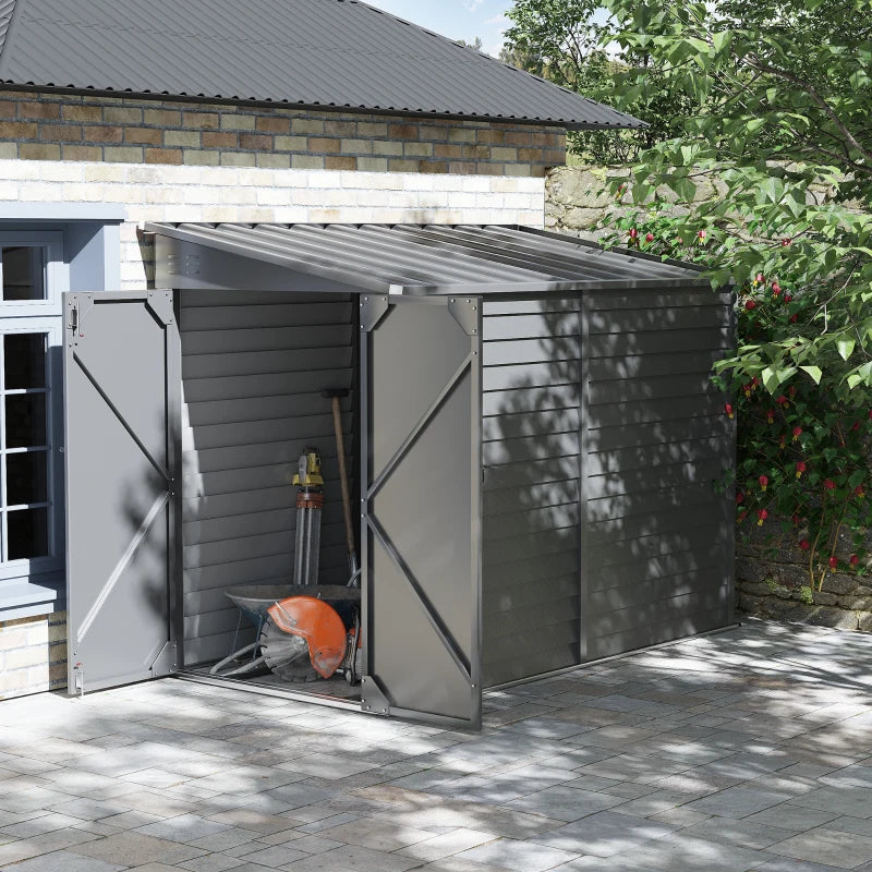 Outdoor Storage Shed 4.6x9 ft Metal Lean-To with Foundation Kit Lockable Doors Gray