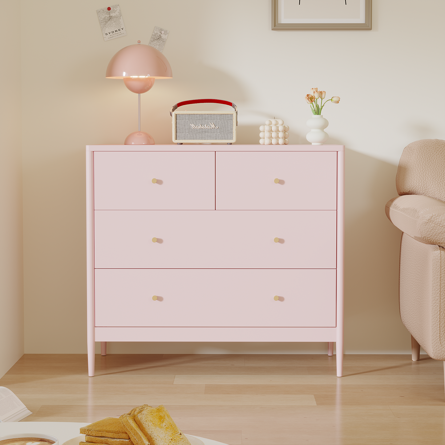 Pink 4-Drawer Wooden Kids Dresser - Modern Storage Cabinet