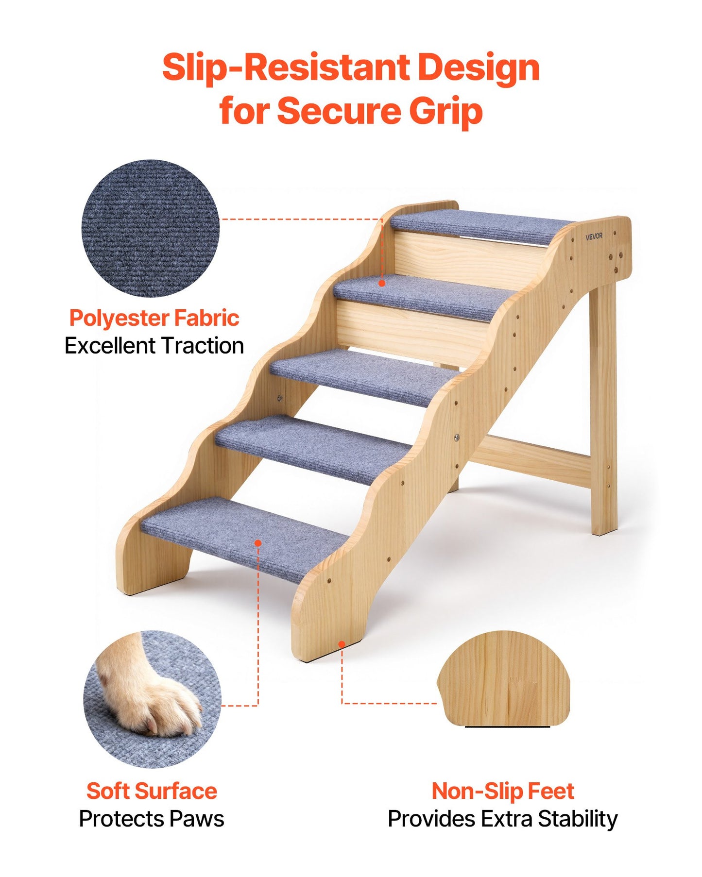 Wood Pet Stairs for Dogs and Cats - 5-Step Support for Beds, Sofas & Cars