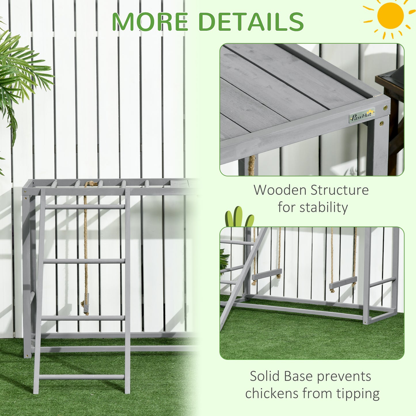 Wooden Chicken Play Set with Swing, Perches & Ladder - Gray, 1100x500x170 mm