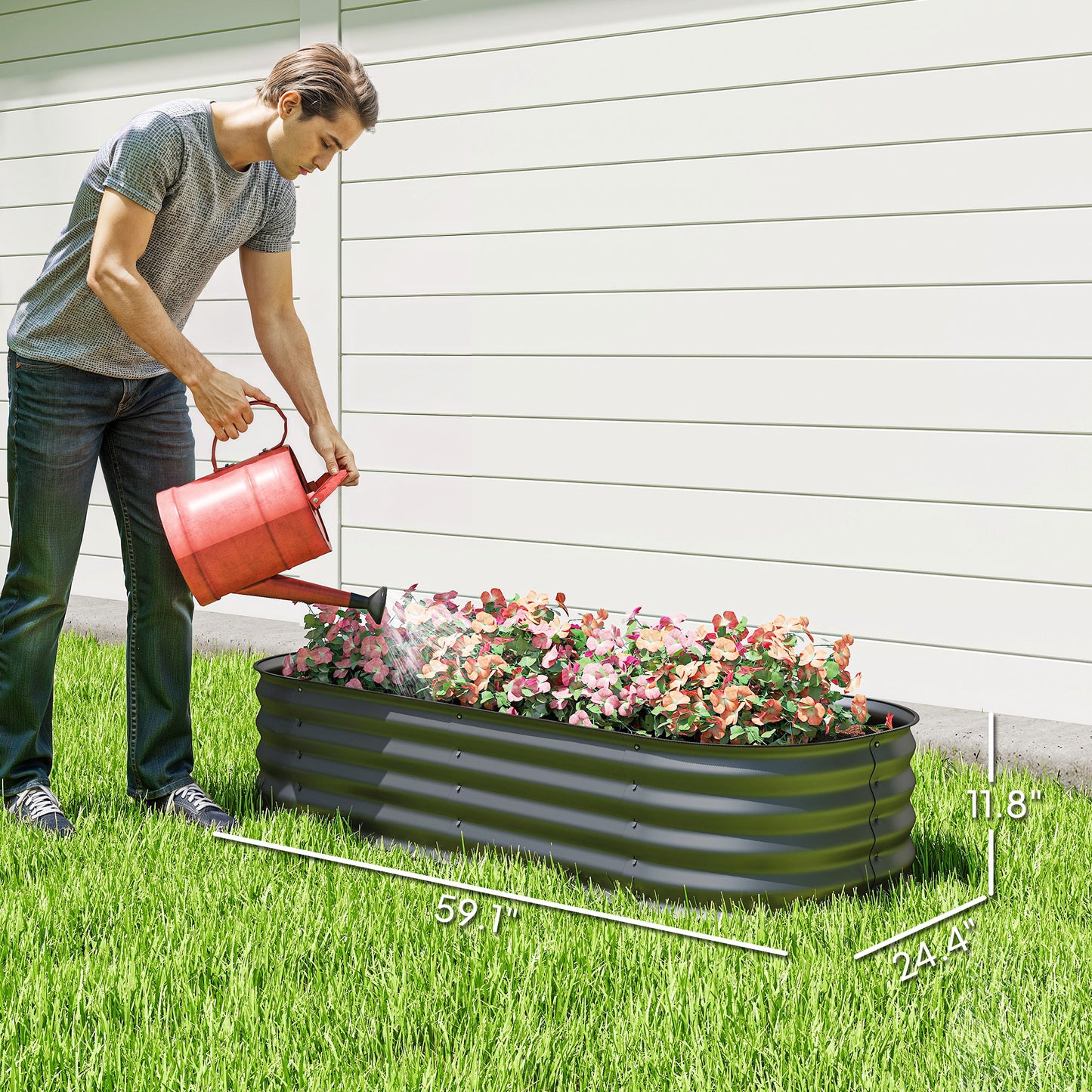 Galvanized Raised Garden Bed Kit - Metal Planter Box with Edging, Dark Gray, 595x360x170 mm