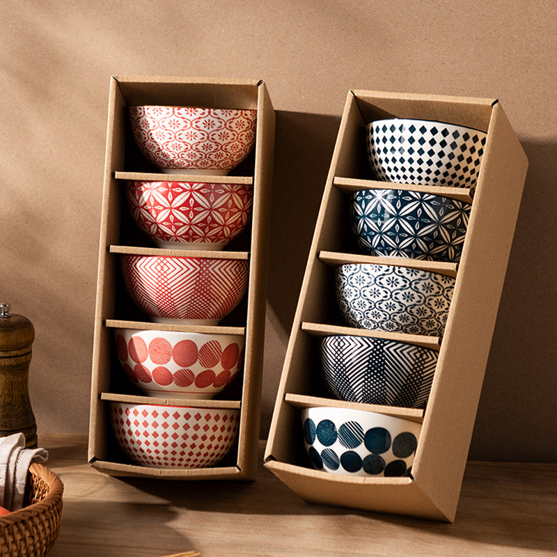 Ceramic Bowl Set 5pcs - 4.5 Inch Porcelain Dinnerware in Blue or Red