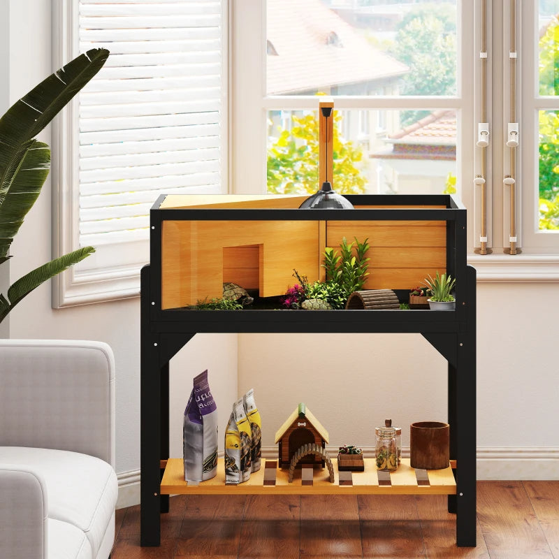 Wooden Tortoise Habitat with Storage Shelf & Clear Windows, Open Top, Lamp Holder