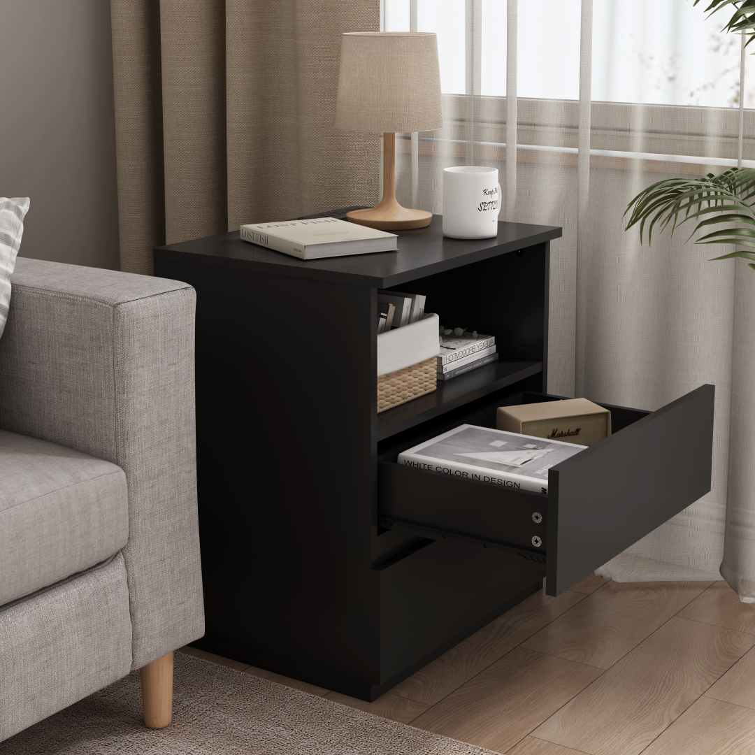 Set of 2 Modern End Tables with USB Charging Station & Drawers - Black