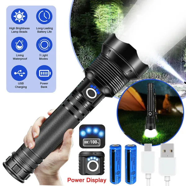 Rechargeable 9500000 Lumen Tactical LED Flashlight - Black