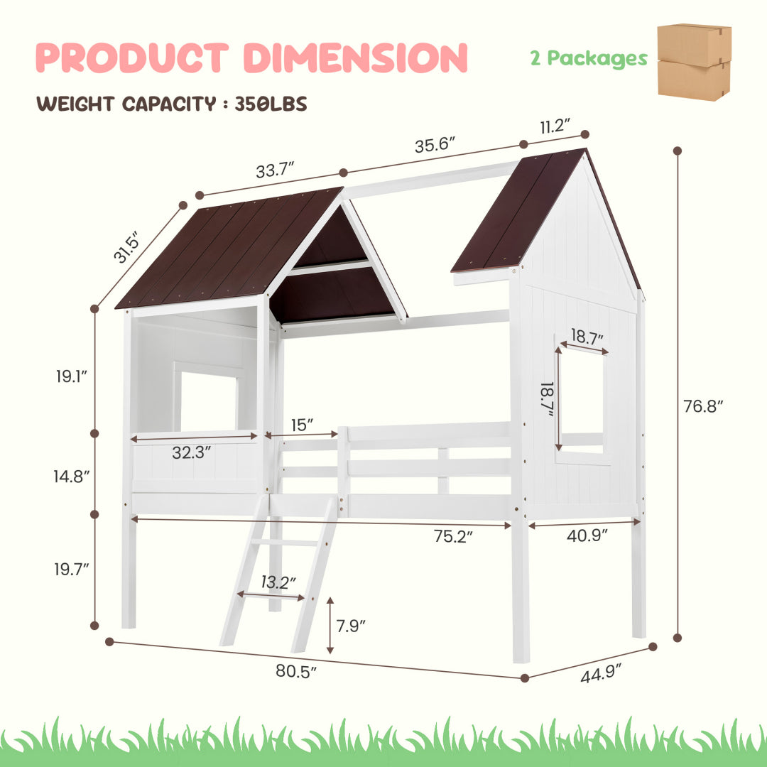 Montessori Wooden Toddler Loft Bed with Detachable Roof & Guardrail