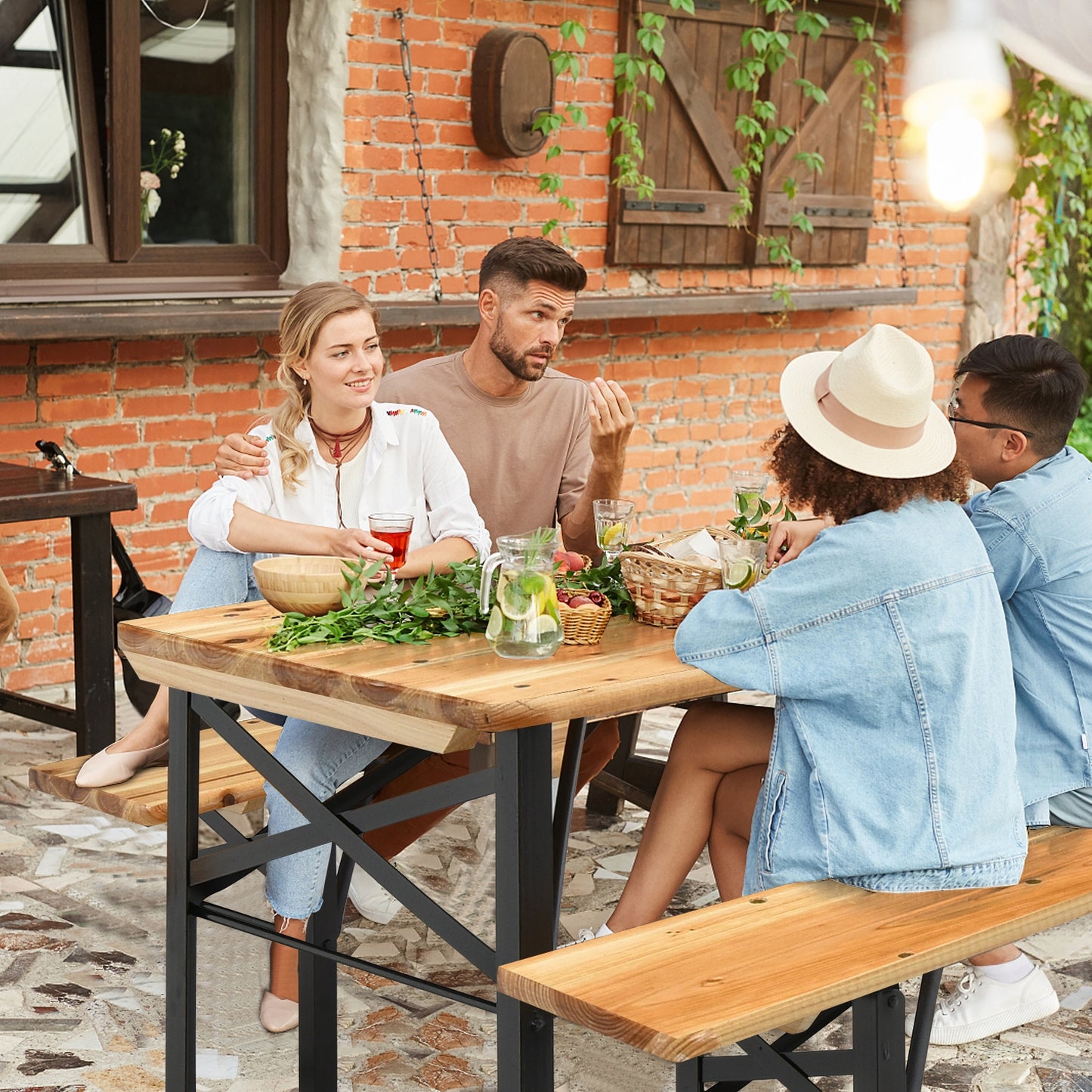 Folding Wooden Picnic Table and Bench Set - 3 Pieces