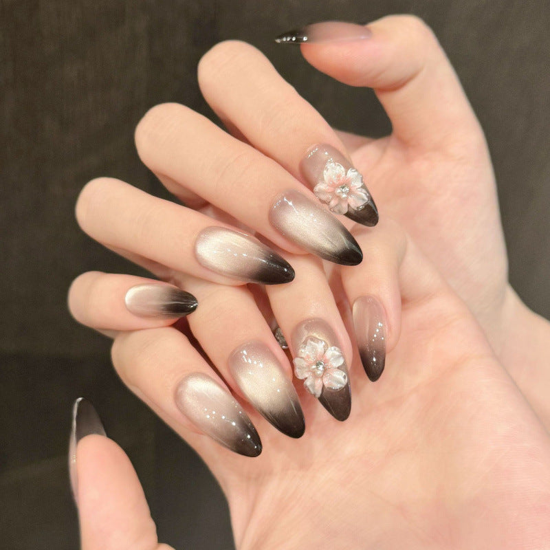 Handmade Ice Carving Flower 3D Ice Flower with French Manicure Design - Black Gradient