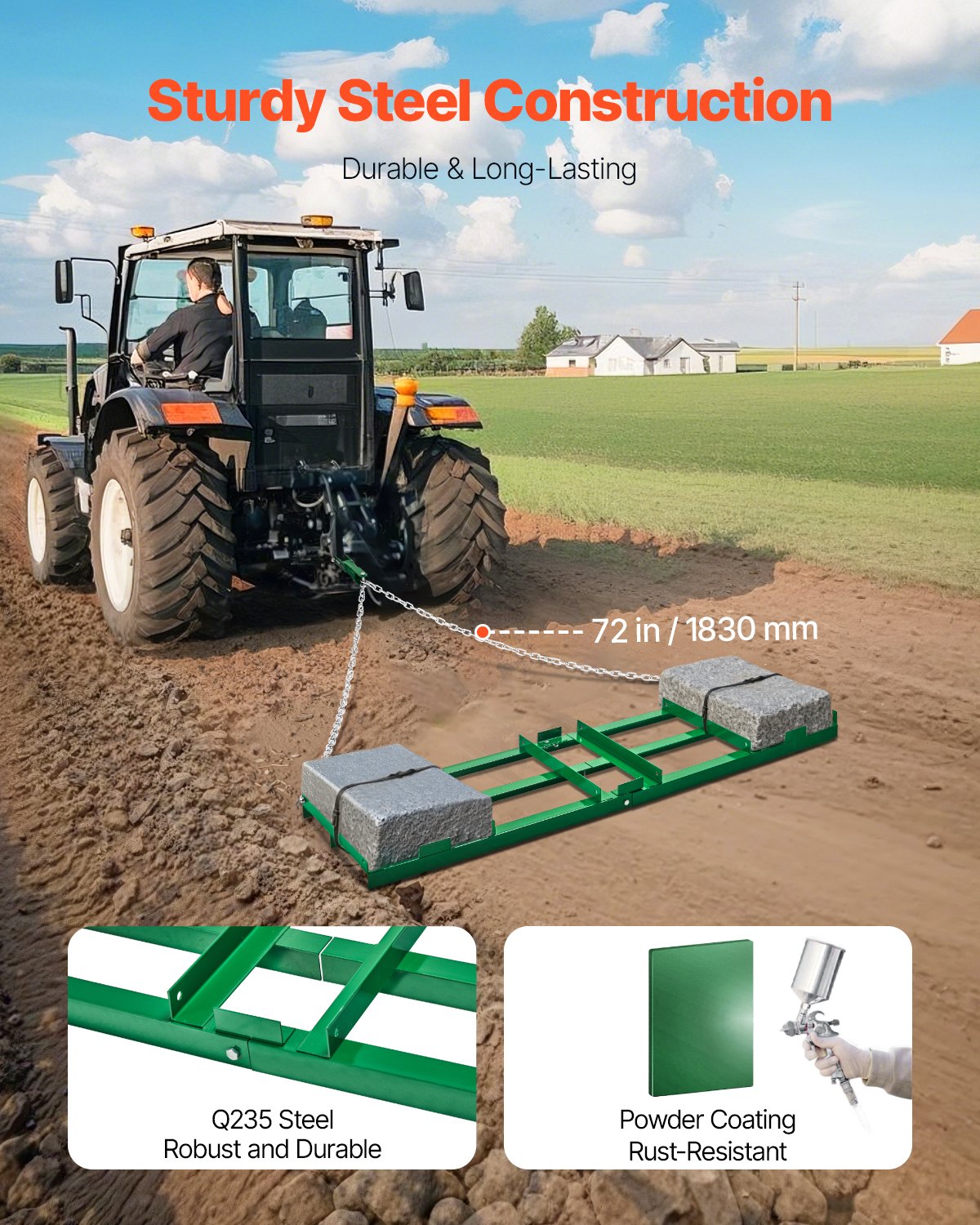 Heavy Duty 6 Ft Tow Behind Drag Harrow for Driveway & Lawn Grading