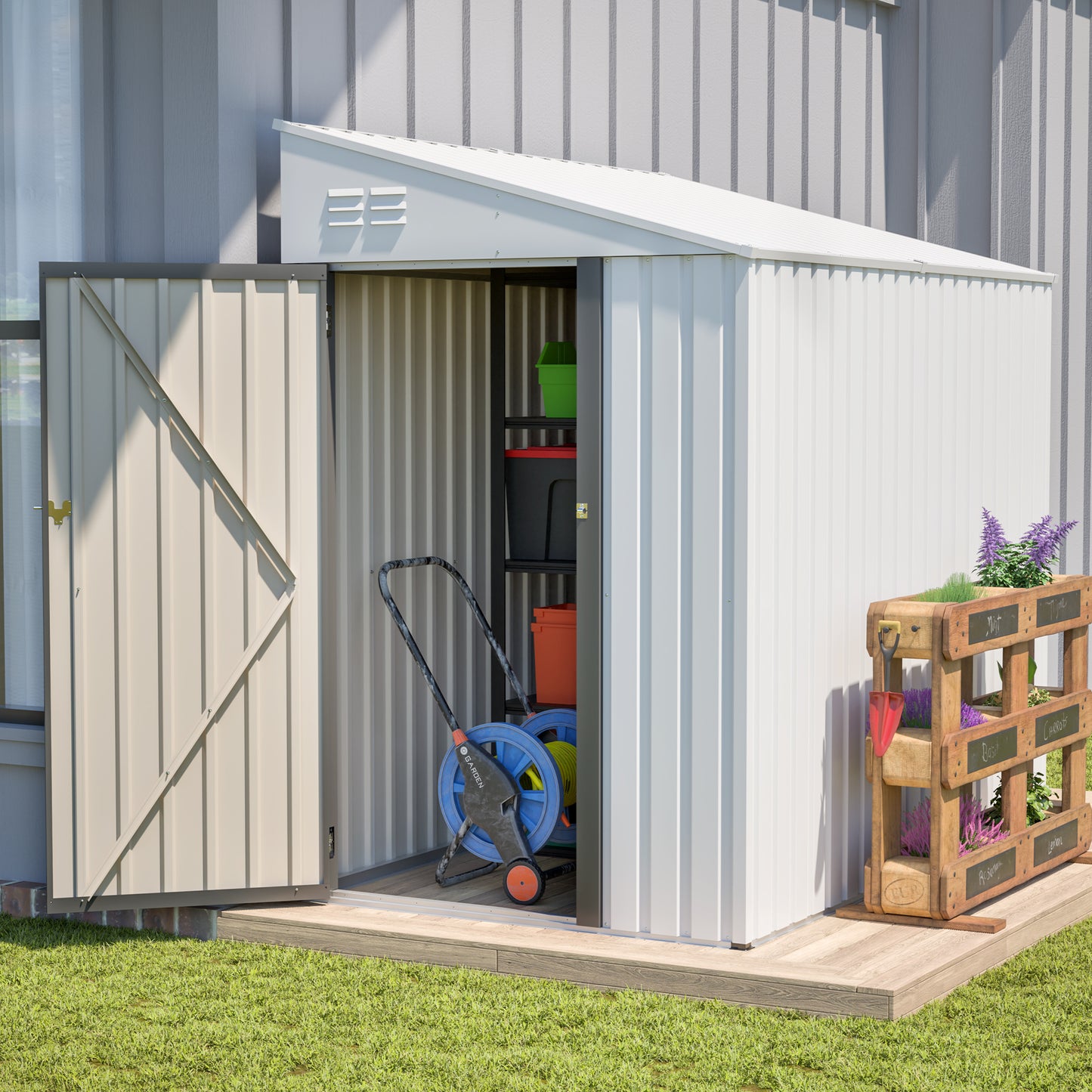 4' x 7' Lean-To Metal Storage Shed with Lockable Door - White