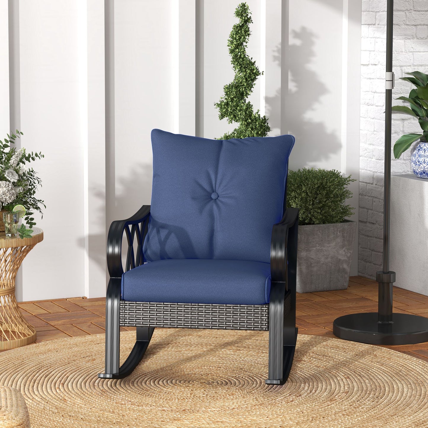 2 Piece Outdoor Rattan Rocking Chair Set with Cushions - Blue