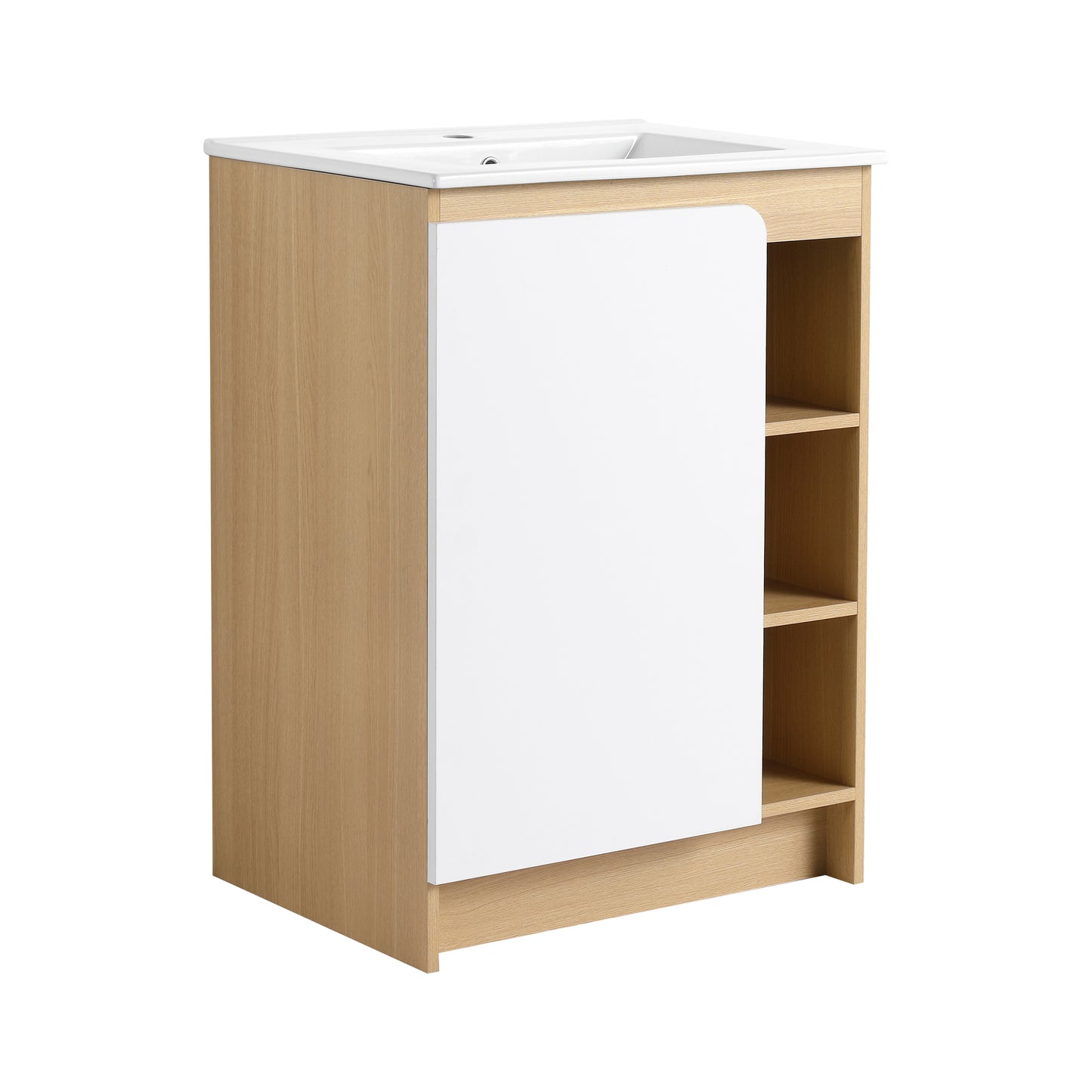 24" Light Oak Bathroom Vanity with Ceramic Sink & Open Shelves