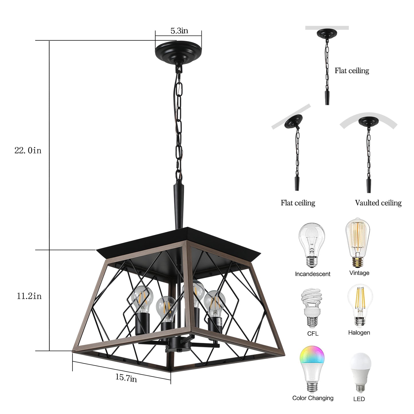 16-Inch Walnut Industrial 4-Light Pendant Chandelier - Adjustable Modern Design