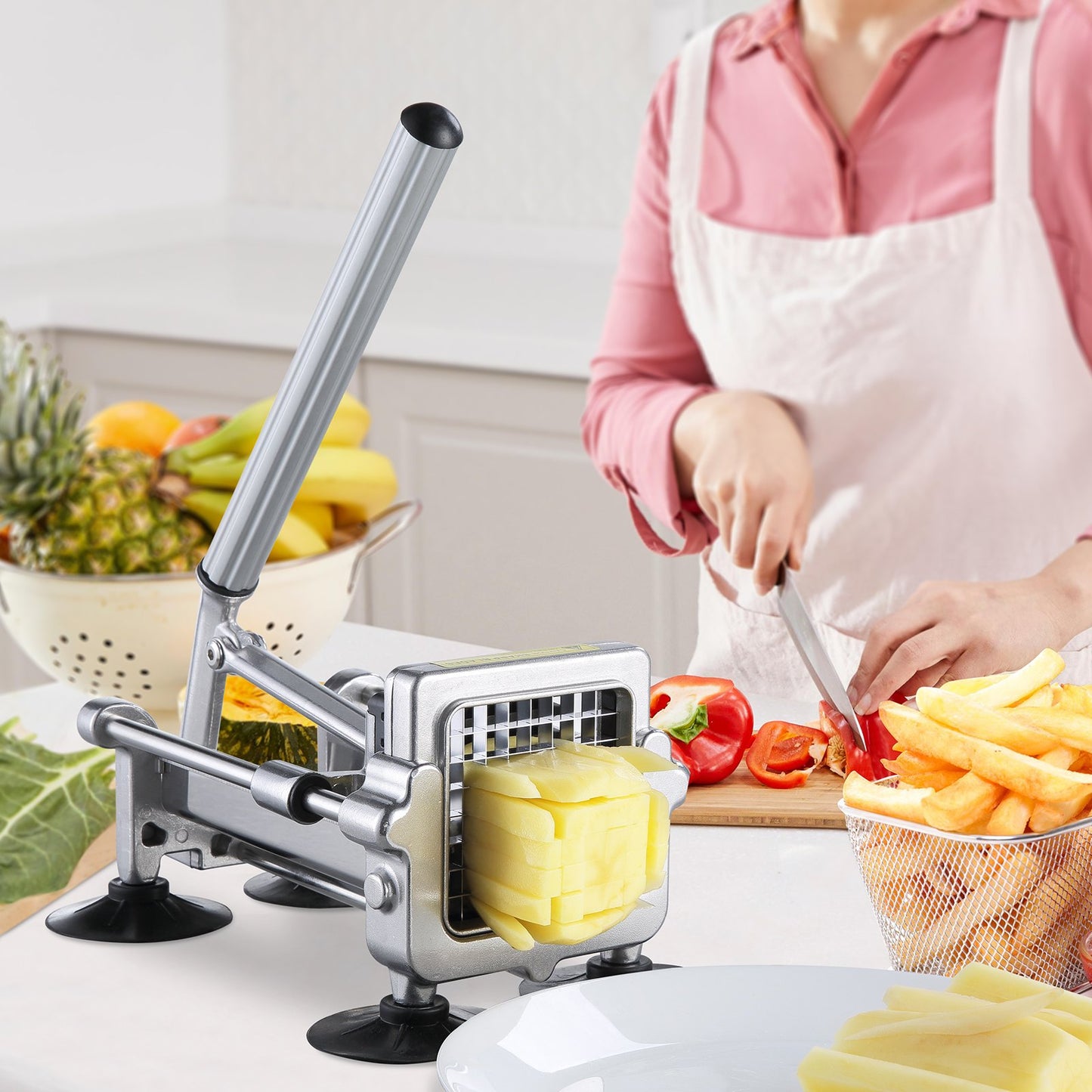 Stainless Steel French Fry Cutter with 3 Blades - Vegetable Slicer & Chopper