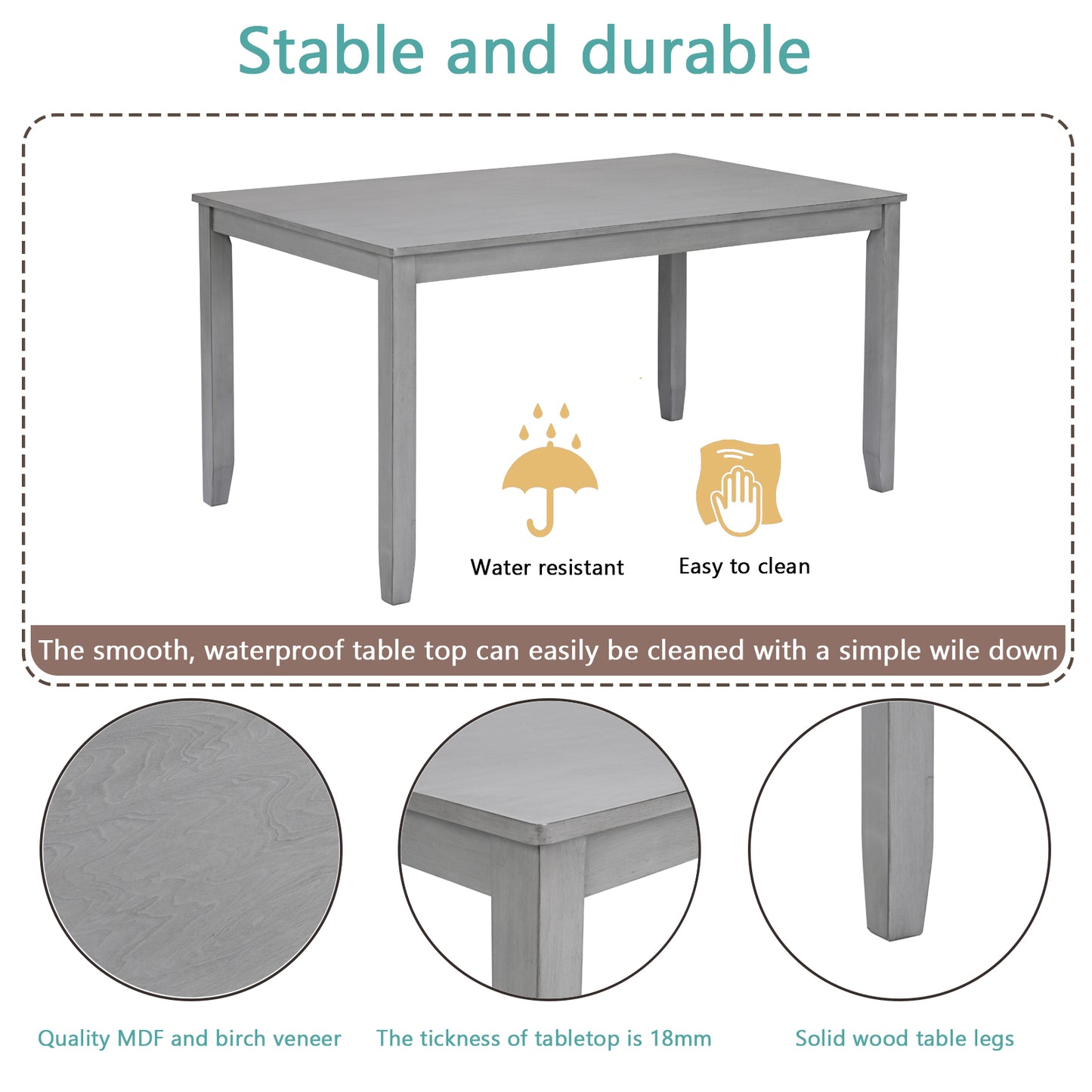 Acacia Wood Rectangular Dining Table - Gray, Seats 4
