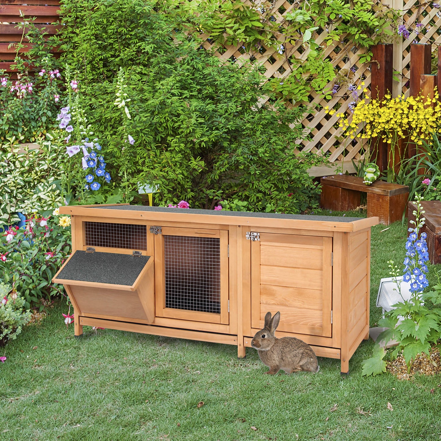 Large Rabbit Hutch with 2 Outdoor Areas and Main House - Yellow