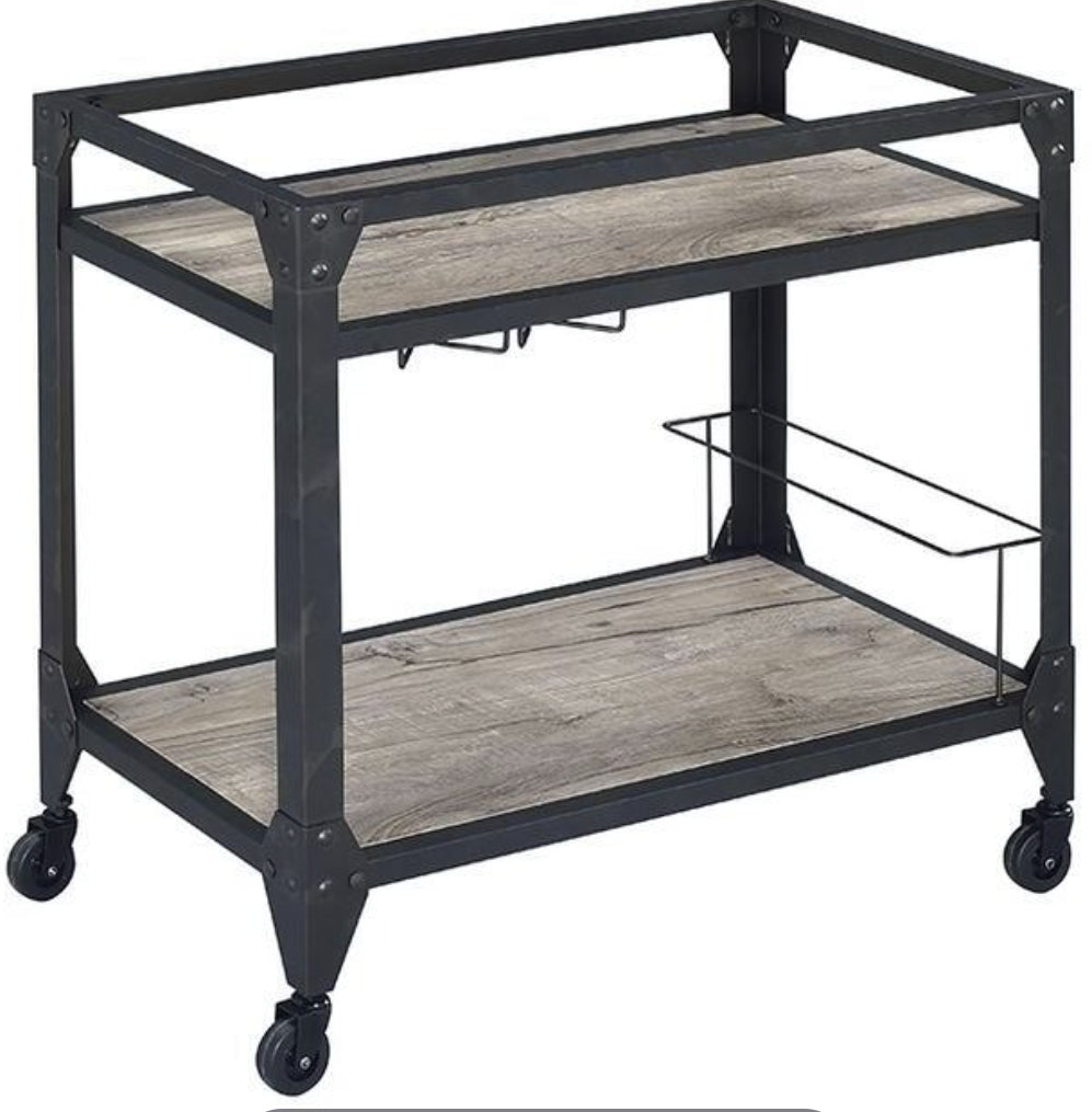 Rustic Oak & Charcoal Finish Serving Cart with Wine Rack