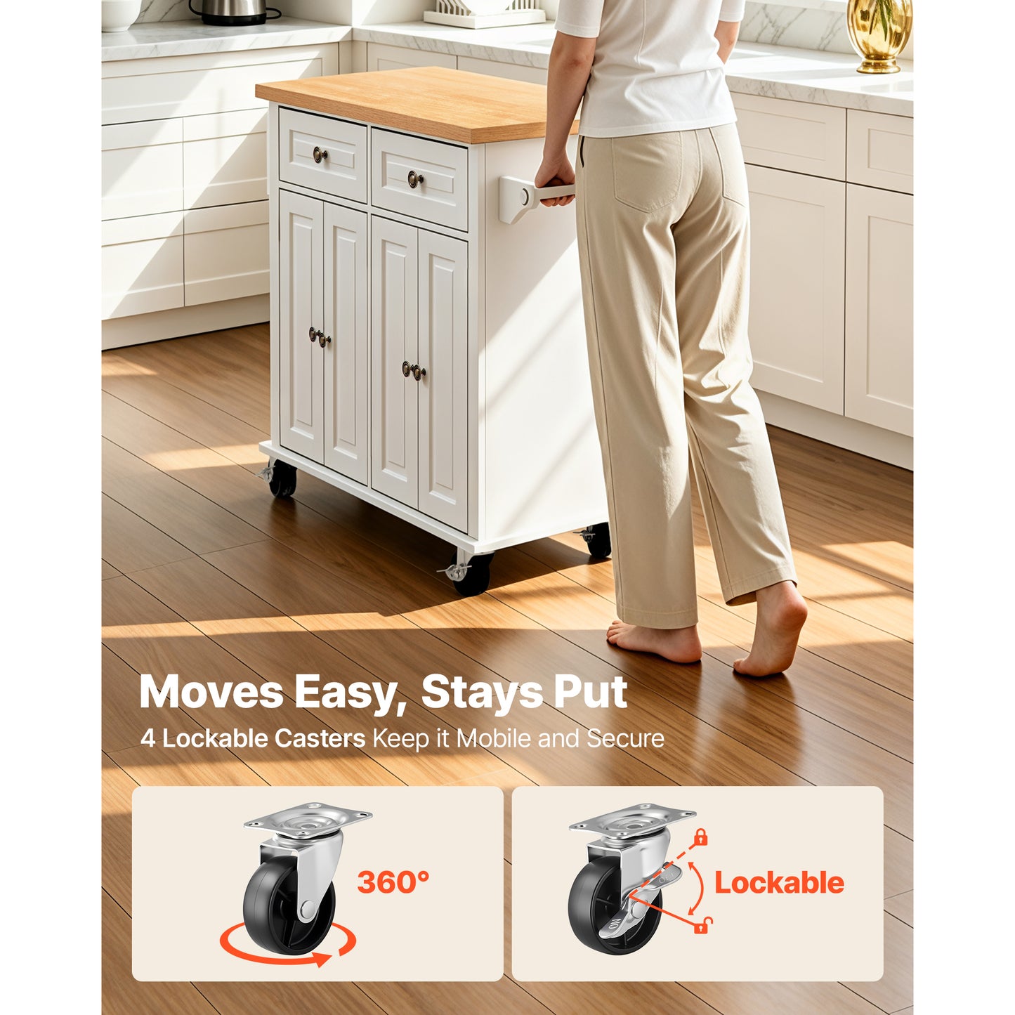 Kitchen Island Cart with Storage, Mobile Rolling Trolley with Drawers & Hooks, White