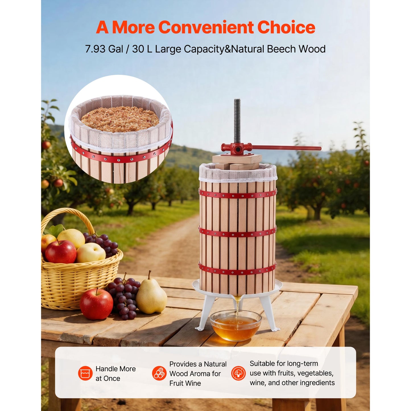Fruit Wine Press 7.93Gal Manual Juicer with Wooden Basket & Filters