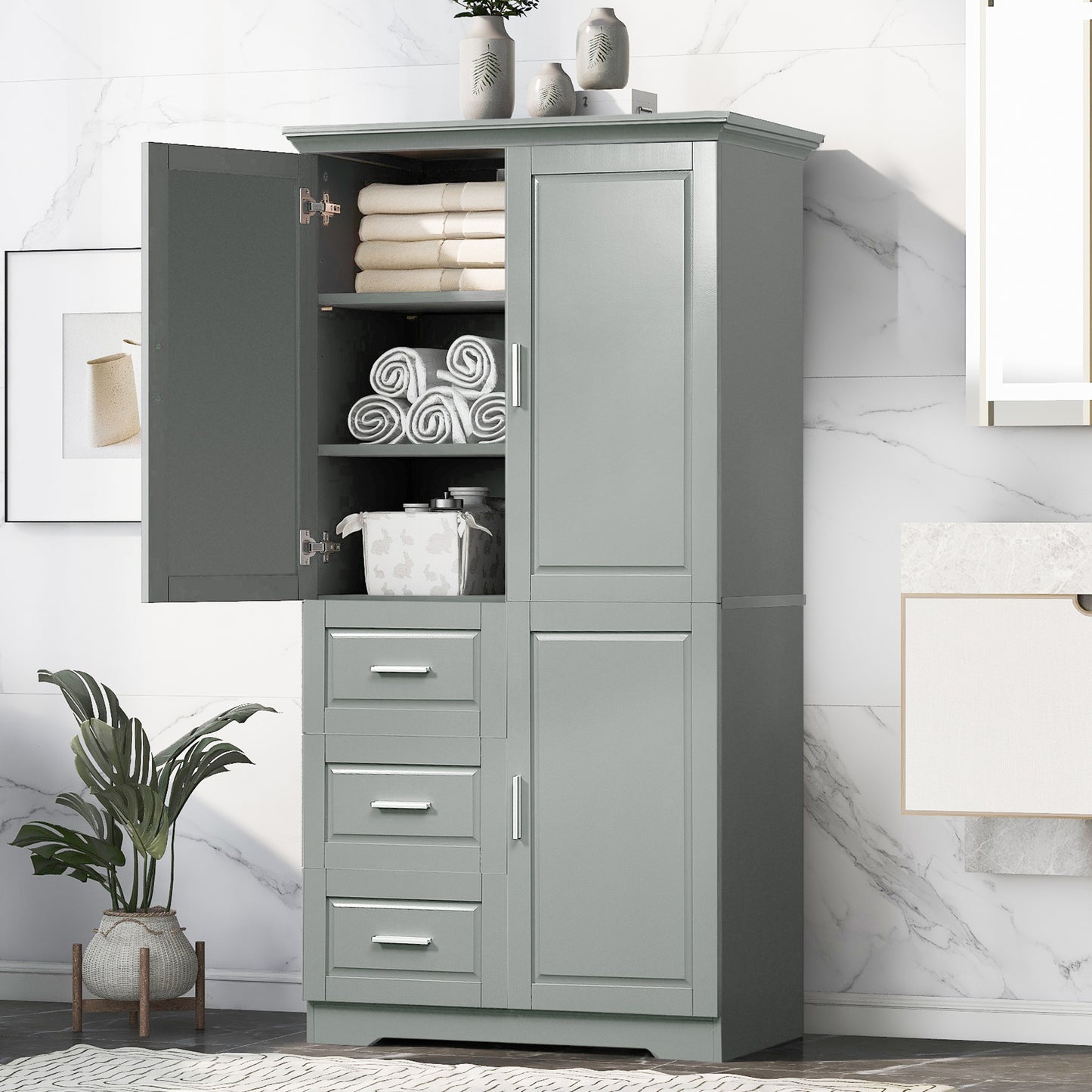 Tall Grey Storage Cabinet with Doors & Three Drawers for Office/Bathroom