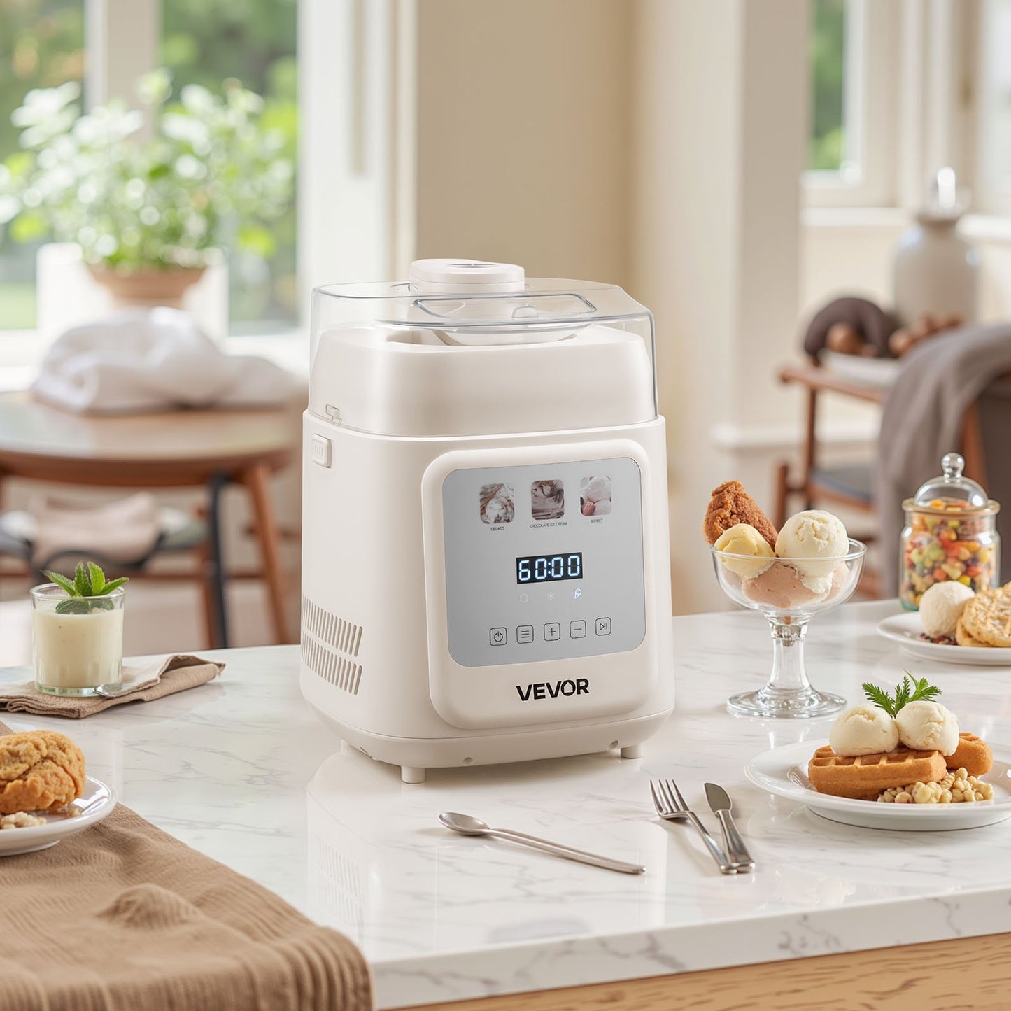 1 Quart Automatic Ice Cream Maker with Built-in Compressor - No Pre-Freezing, White