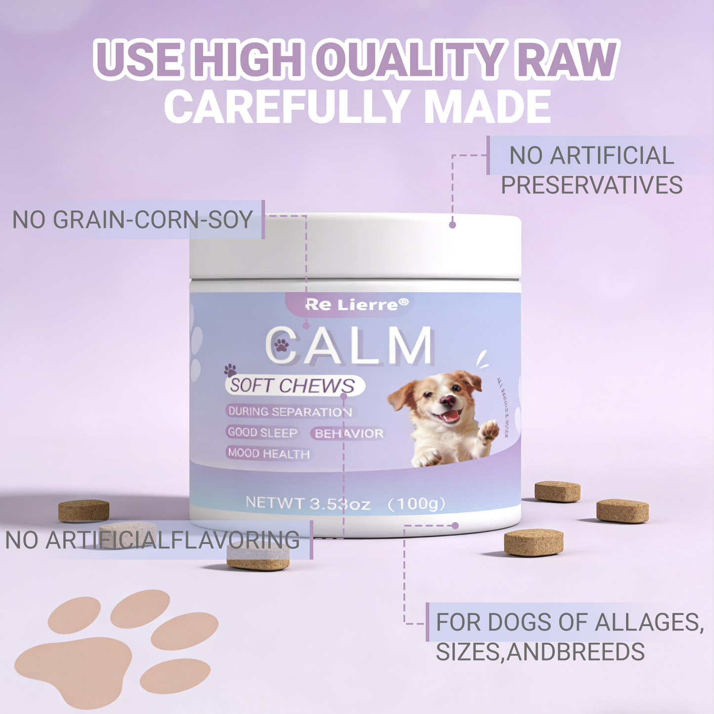 Dog Calming Soft Chews - Relaxing Supplement for All Breeds, 40 Servings
