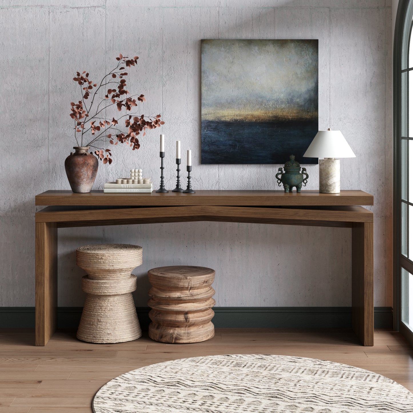 65-Inch Solid Wood Veneer Console Table - Rustic Farmhouse Design