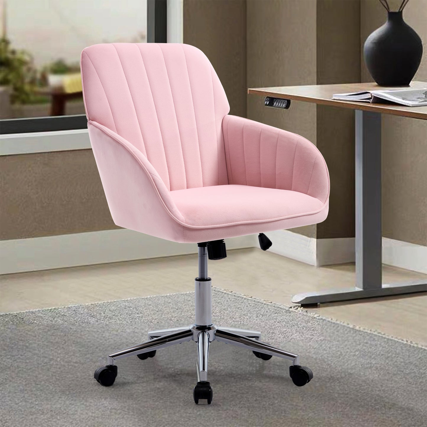 Ergonomic Adjustable Office Chair - Baby Pink Velvet Swivel Chair