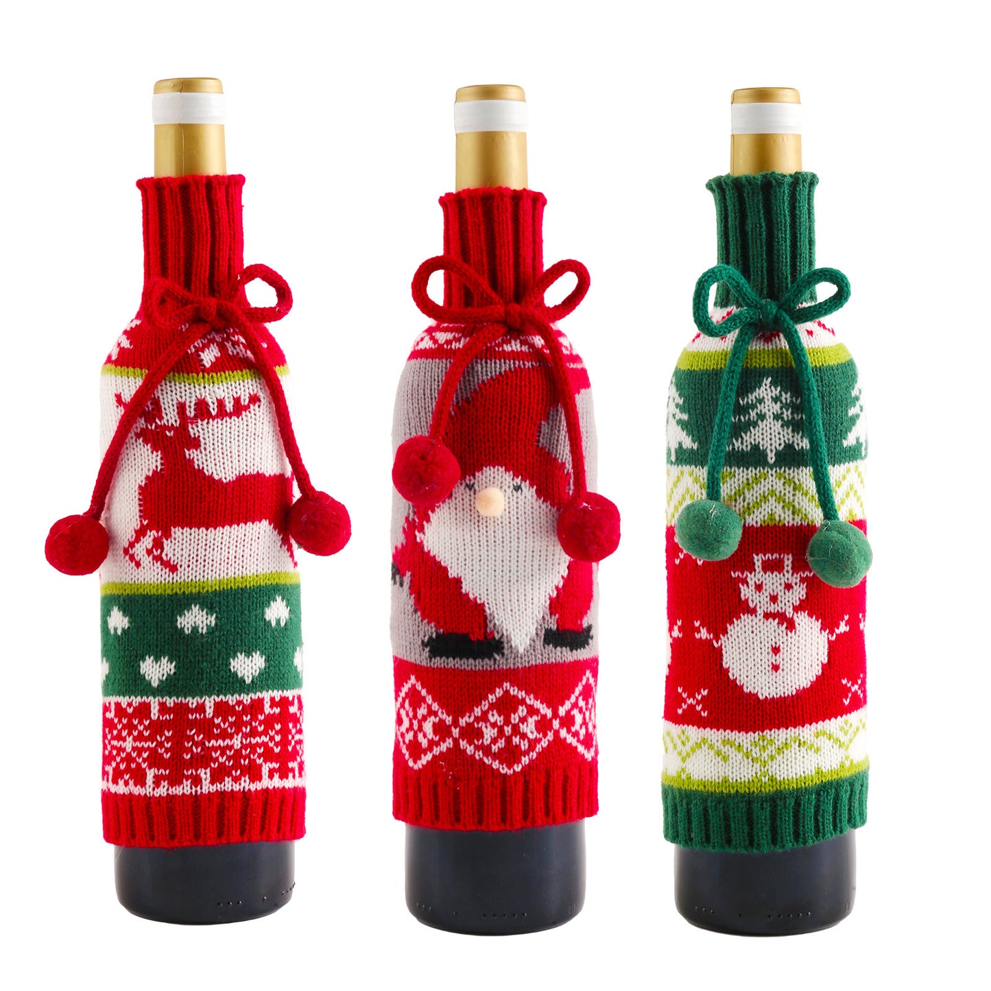 Festive Knitted Wine Set Decoration with Bowknot & Snowman Elk Elderly Figurines