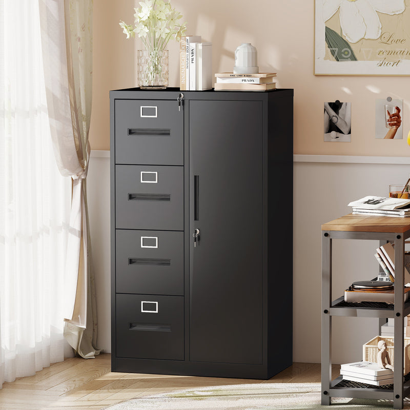 Metal Vertical Filing Cabinet with Lock - 4 Drawers & Door, Black