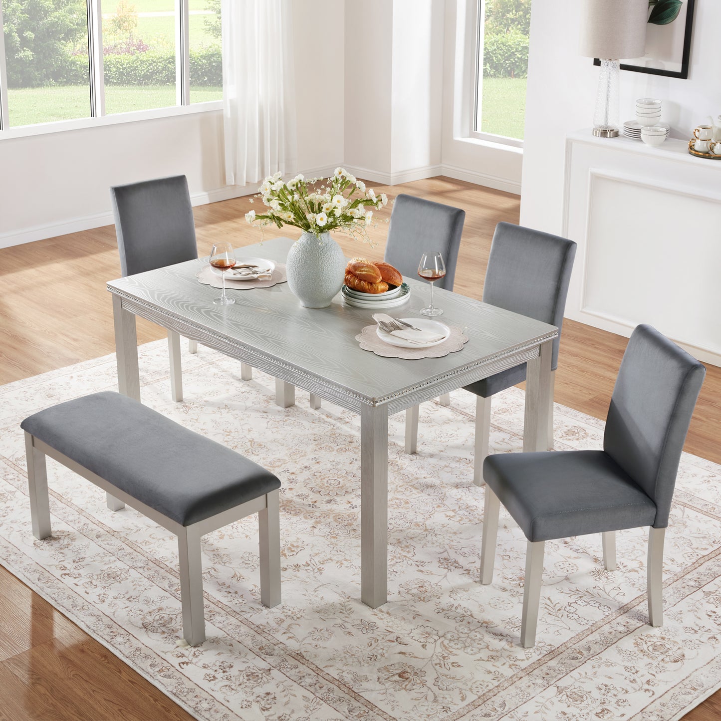 6-Piece Wooden Dining Table Set with Upholstered Chairs & Bench - Silver Grey