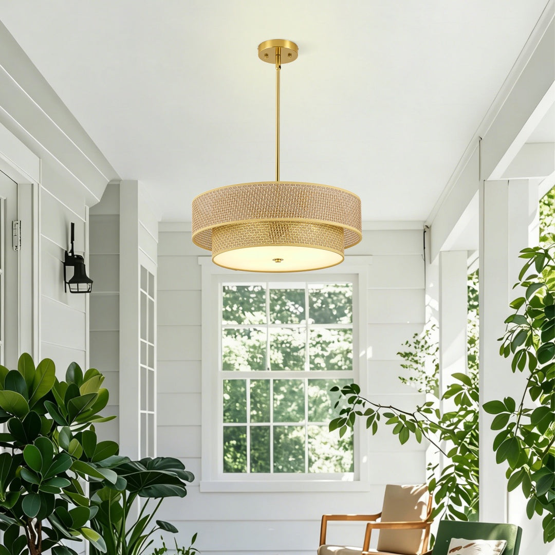 Woven Rattan & Linen Ceiling Light Fixture - Semi Flush Mount for Bedrooms & Kitchen