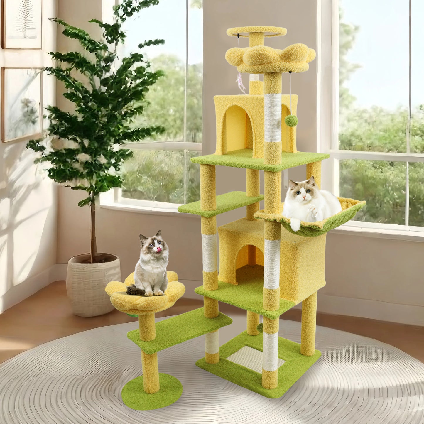 72-Inch Flower Cat Tree with Large Condo, Removable Flower Cushion & Hammock - Yellow