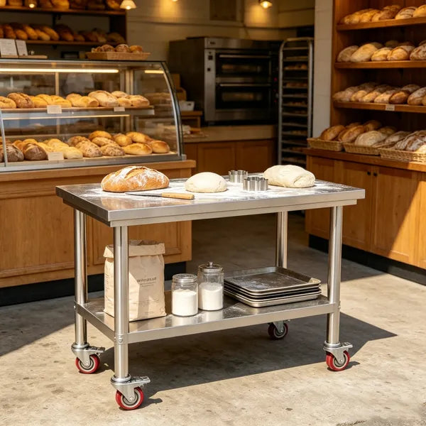 Sleek Metal Work Table With Adjustable Height And Shelf For Kitchen