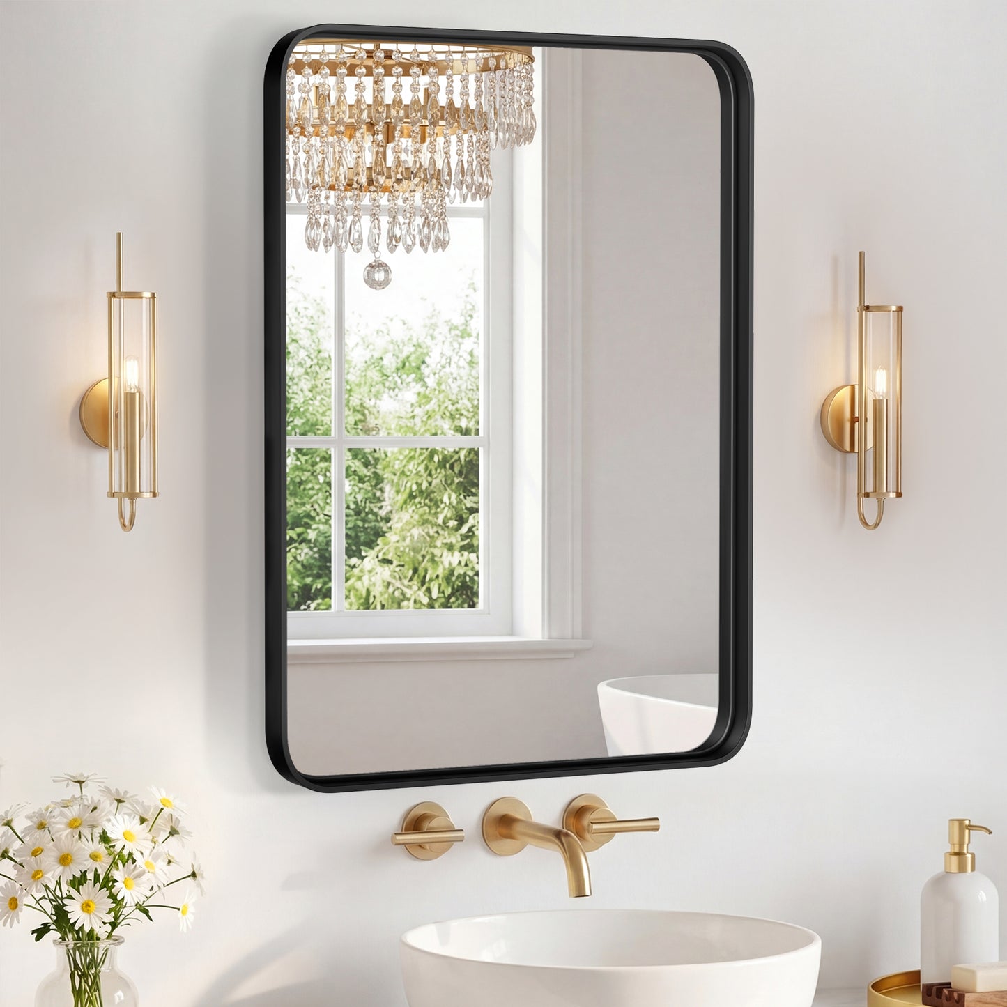 Rectangular Wall Mirror with Black Metal Frame - Shatter-Proof Bathroom Mirror