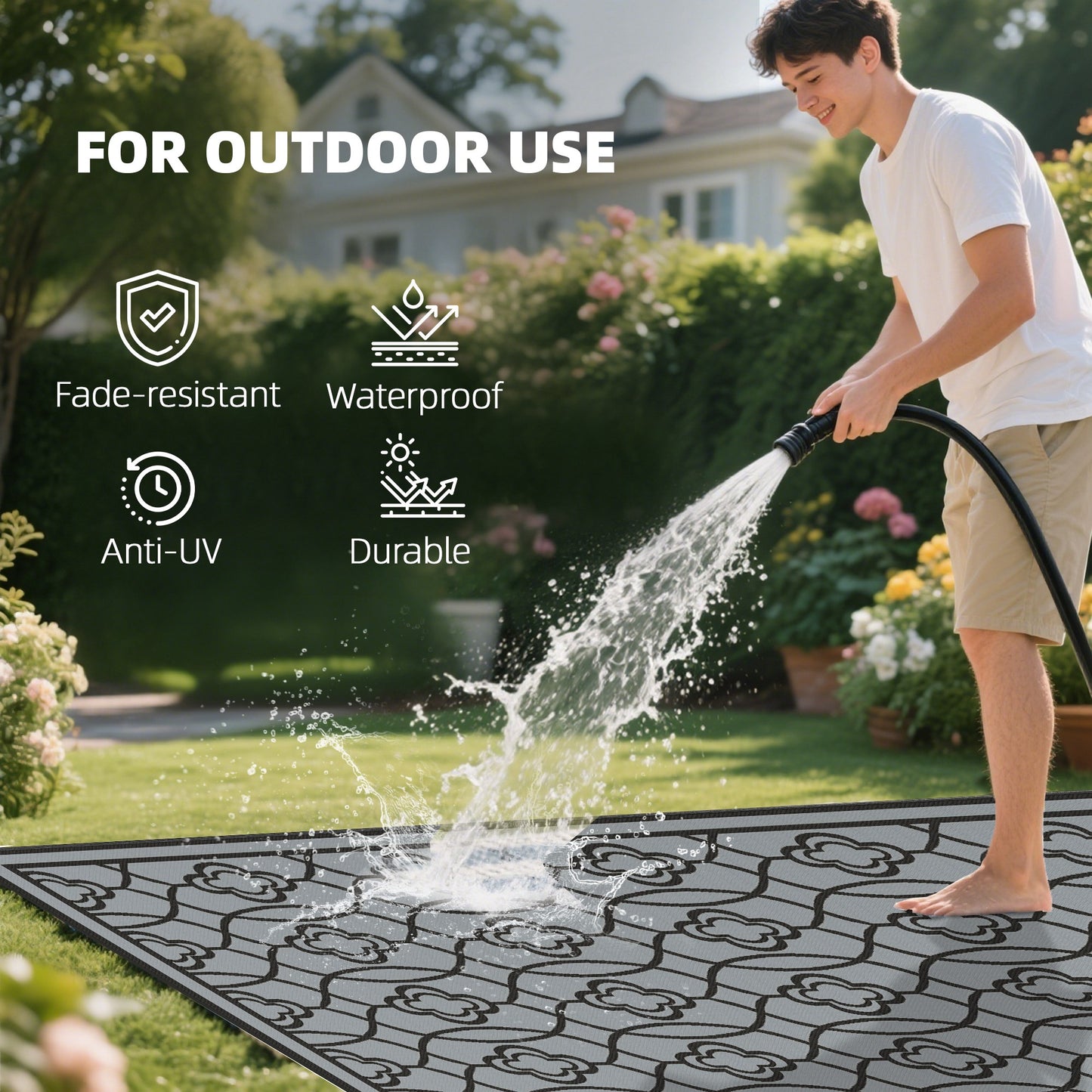 Reversible Outdoor Rug - Waterproof Plastic Straw, 9' x 18', Black & Gray Lantern