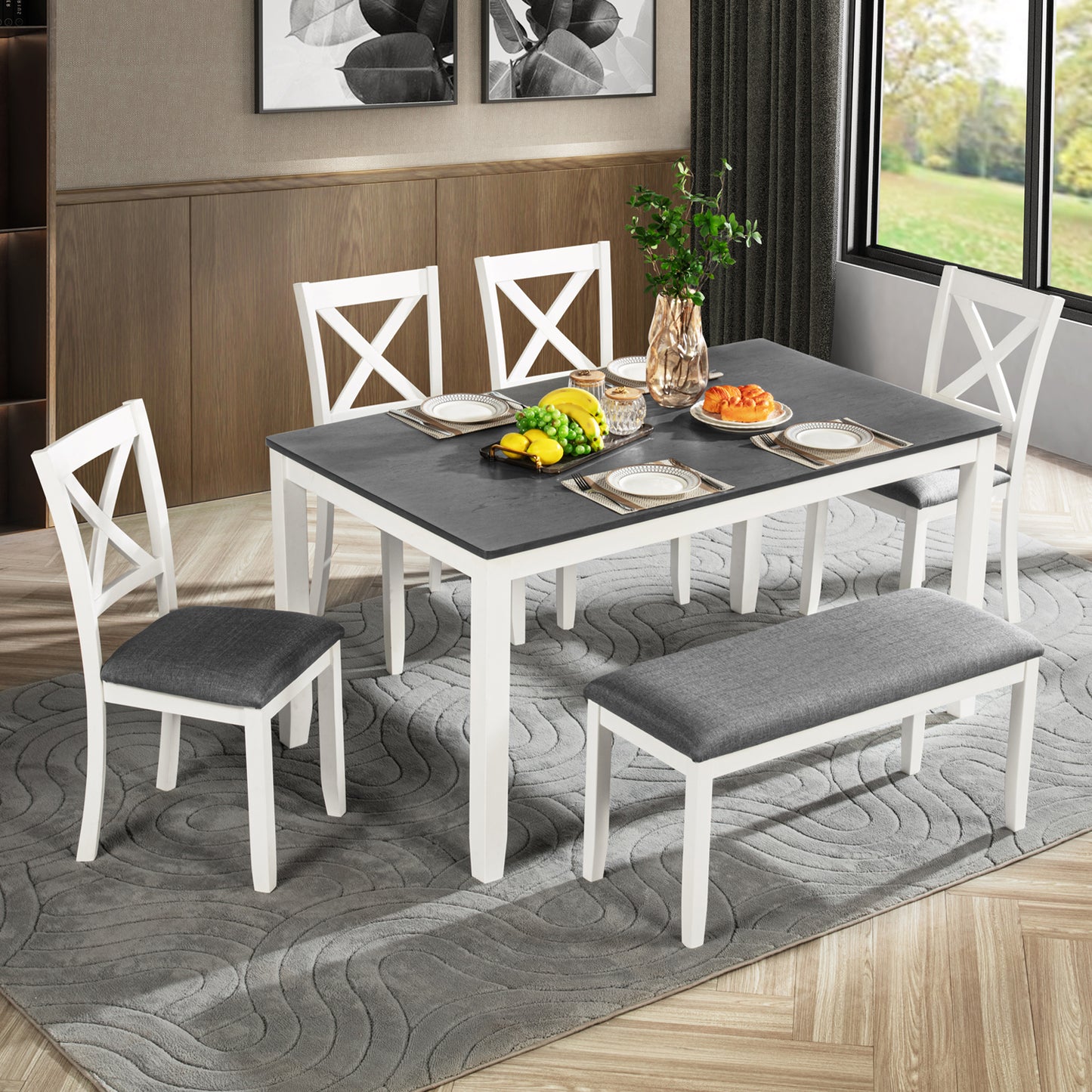 Modern 6-Piece Dining Table Set with Bench - Grey & White